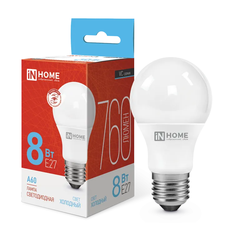 Лампа светодиодная LED-A60-VC 8Вт 230В Е27 6500К 760Лм IN HOME