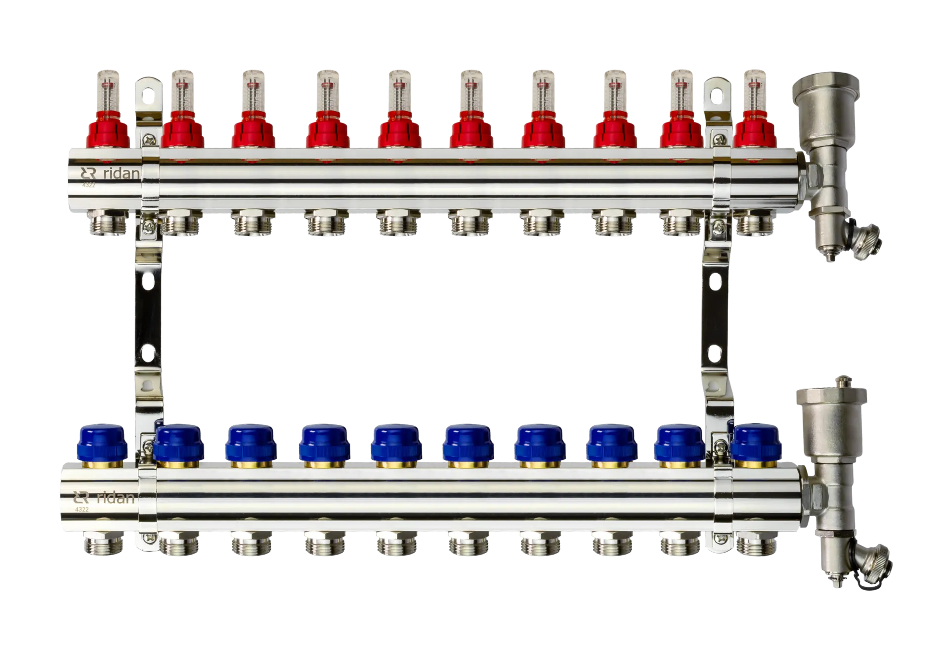 Коллекторная группа FHF-10RF set 10 контуров 1' х 3/4' с расходомерами, воздухоотводчиками и кронштейнами