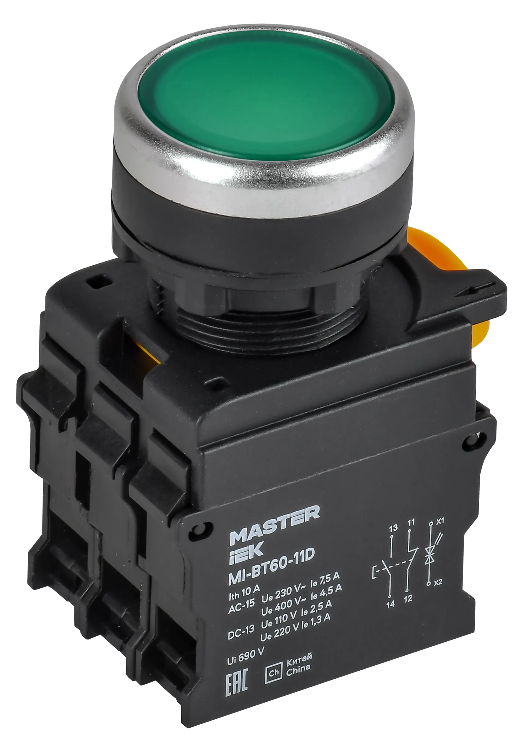 Кнопка с подсветкой d=22мм 1NO+1NC зелёная MASTER IEK