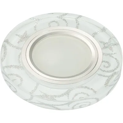 DLS-L202 GU5.3 CHROME/WHITE Светильник декоративный встраиваемый, серия Luciole. Без лампы. Доп.подсветка 3Вт. Металл, цвет хром. Отделка стекло белое с серебром. ТМ Fametto.