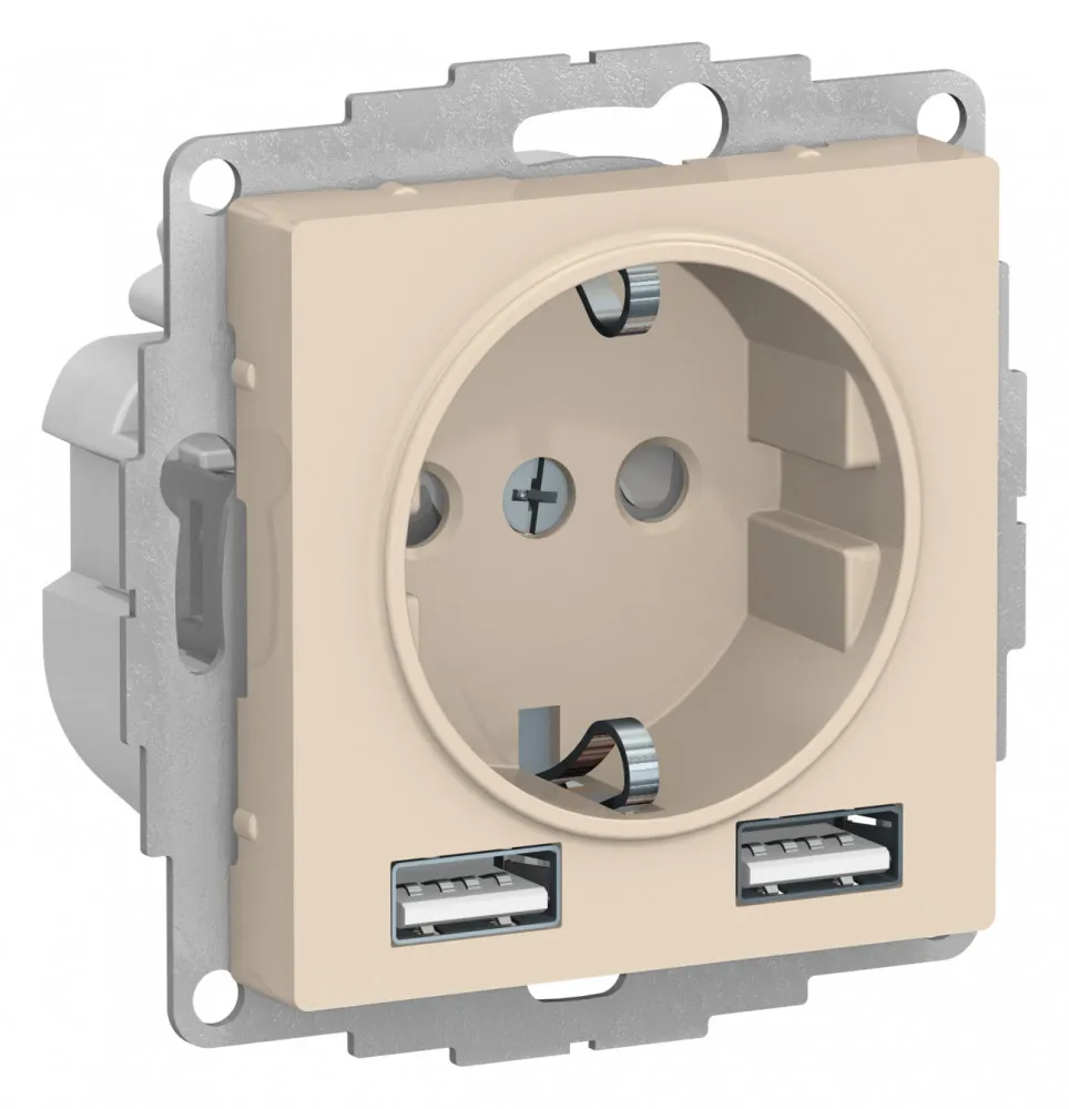 РОЗЕТКА ATLASDESIGN 16А c 2 USB A+A, 5В/2,4А, 2х5В/1,2А, механизм, БЕЖЕВЫЙ