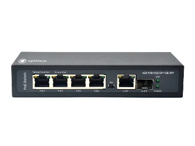 Коммутатор неуправляемый 4 порта RJ45/SFP 10 100 1000 Мб/с PoE 65Вт 