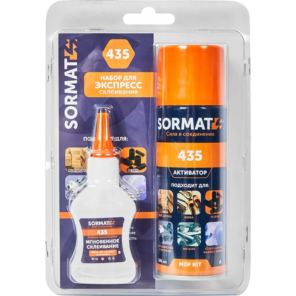 Набор универсальный супер-клей Sormat MDF Kit клей80 г. + активатор 400 мл. 