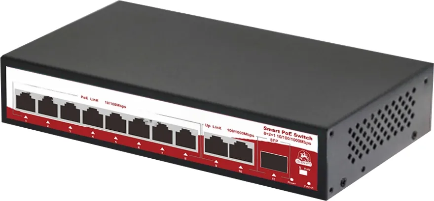 Коммутатор неуправляемый 8x1Гбит/с (RJ45 с PoE+), 2x1Гбит/с (RJ45) + 1x1Гбит/с (SFP) 120Вт