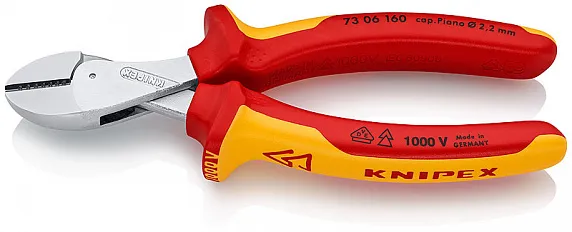 Бокорезы компактные X-CUT VDE 1000V резка - мягкая проволока 48мм проволока средней твердости 38мм твердая проволока 27мм рояльная струна (HRC 59) 22мм L=160мм диэлкектрические хромированные двухкомпонентные рукоятки