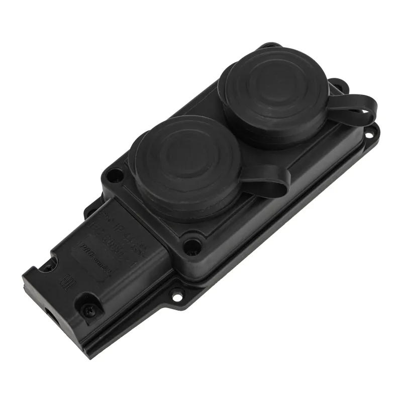 Розетка (колодка) штепсельная двухместная влагозащищенная 2P+PE 230V, 16 А, IP44 каучук, REXANT