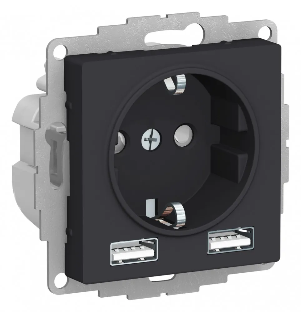 Розетка ATLASDESIGN 16А+USB  A+A, механизм, КАРБОН