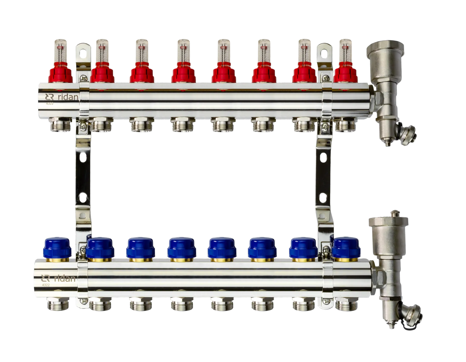 Коллекторная группа FHF-8RF set 8 контуров 1' х 3/4' с расходомерами, воздухоотводчиками и кронштейнами 