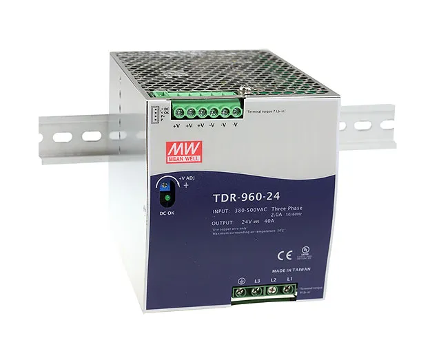 Блок питания AC-DC, 960Вт, ККМ, 3-х фазный, вход 340-550В AC, 47-63,480-780В DC, выход 24В,40A, рег. вых 24-28В, в кожухе на DIN-рейку