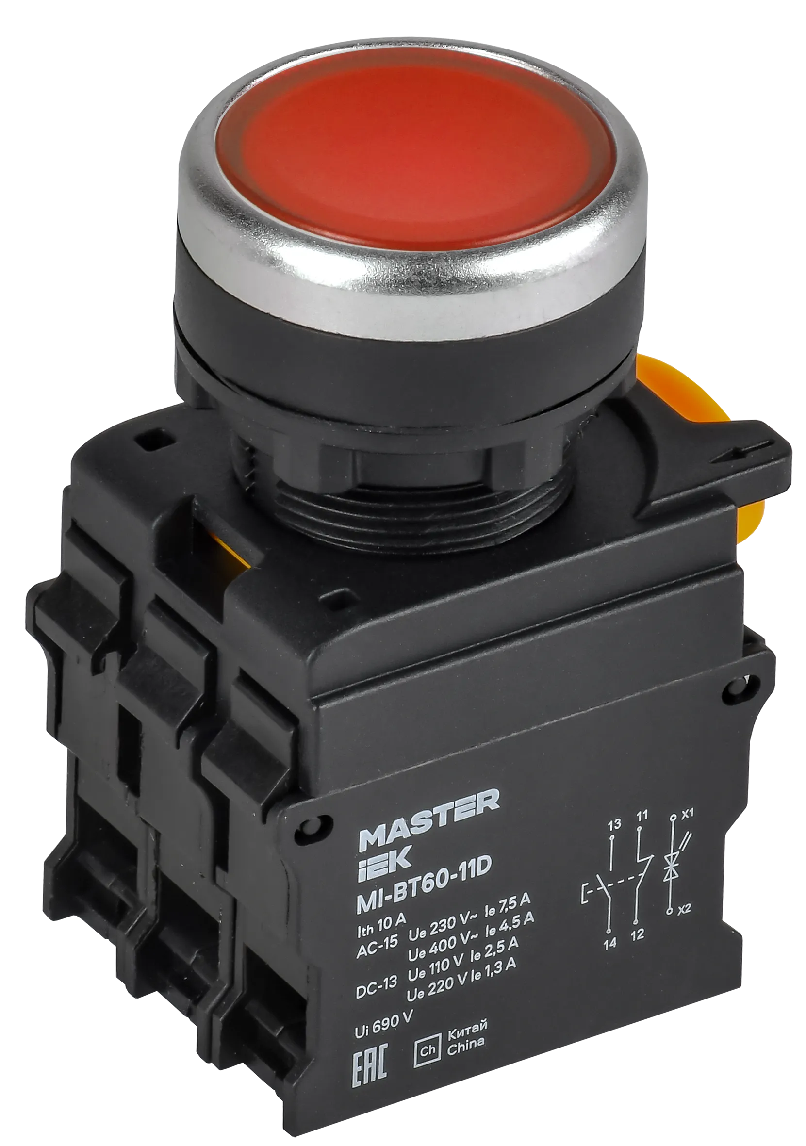 Кнопка с подсветкой d=22мм 1NO+1NC красная MASTER IEK