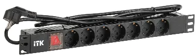 Блок распределения питания PDU 7 розеток DIN49440 с LED выключателем 1U шнур 2м вилка профиль из ПВХ черный (нем.станд) 