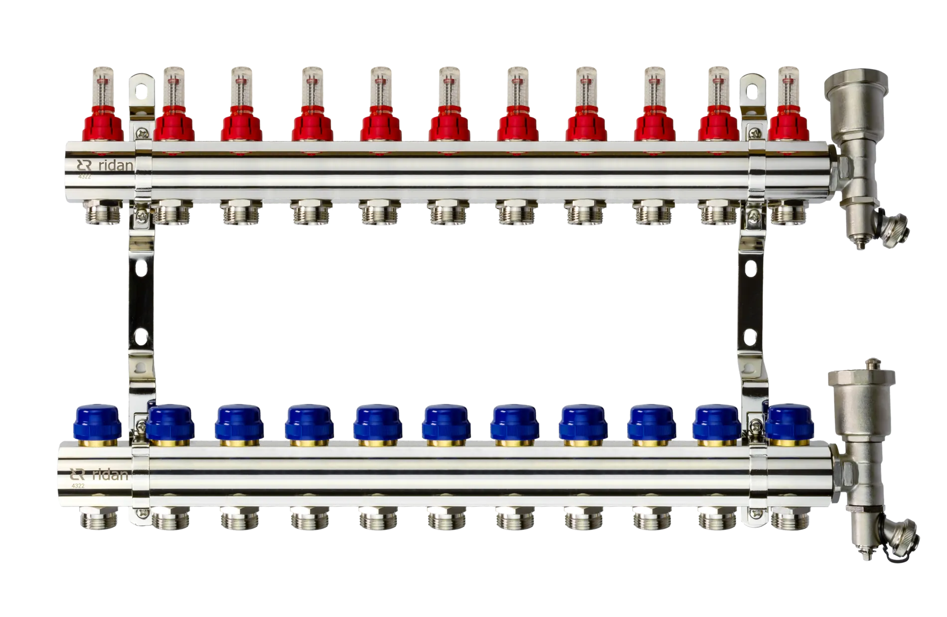 Коллекторная группа FHF-11RF set 11 контуров 1' х 3/4' с расходомерами, воздухоотводчиками и кронштейнами