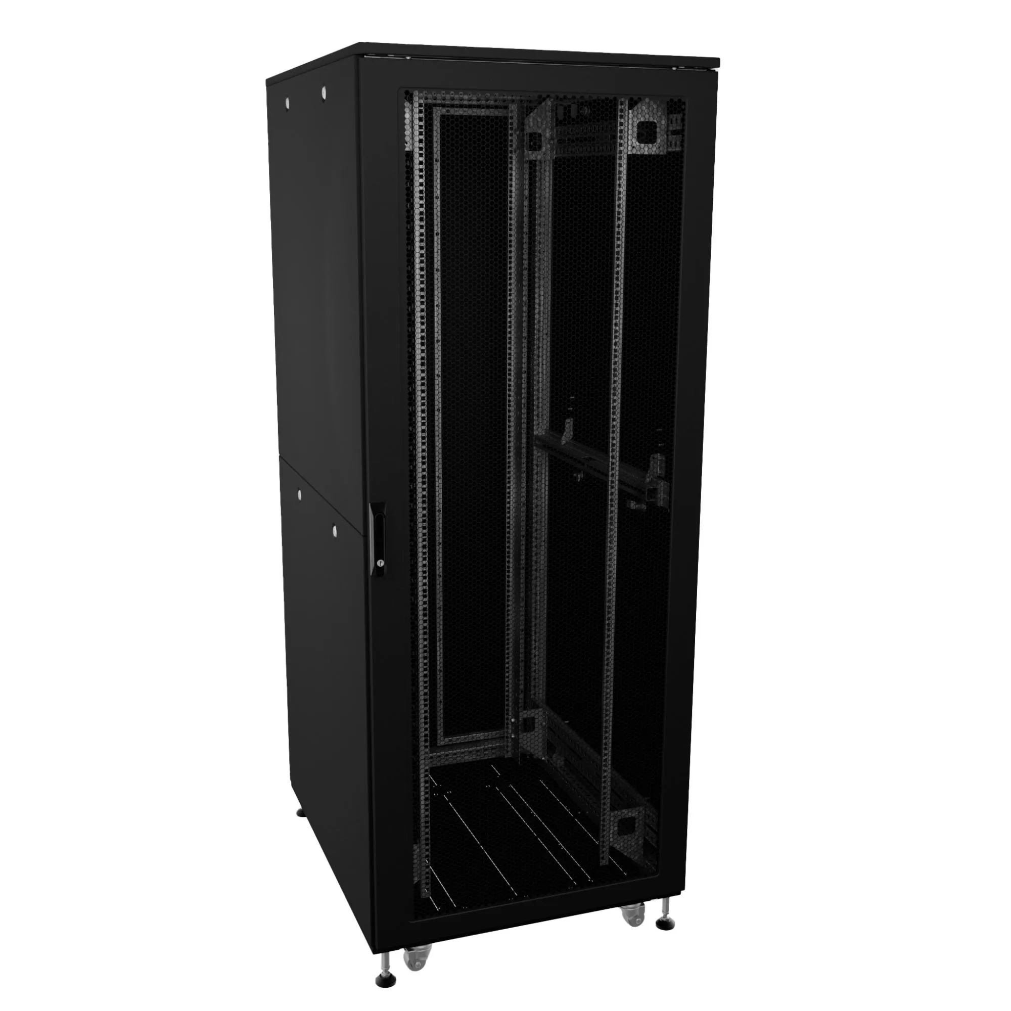 Шкаф напольный разобранный IT-CQE-N 42U 600x1200мм, крыша с вырубкой, дверь перф. и двойная перф., двойные боковые панели, черный RAL9005 