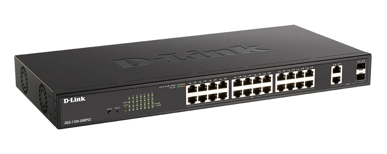 Коммутатор настраиваемый L2 PoE 26 портов, 24хPoE 10/100/1000 Мб/с, 2хRJ45/SFP+, 370 Вт