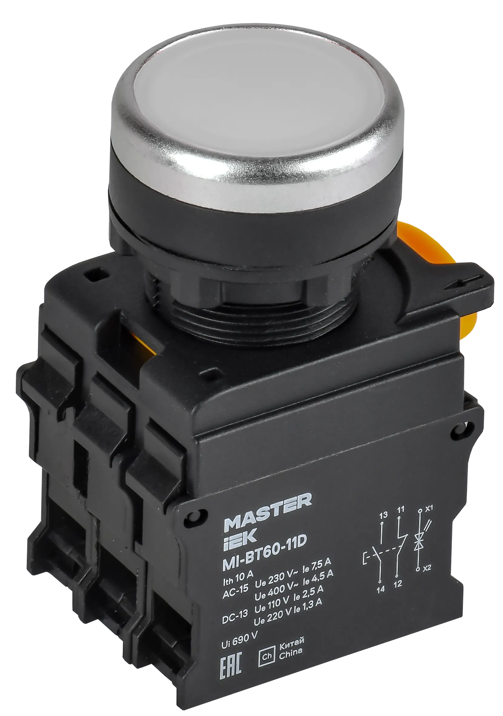 Кнопка с подсветкой d=22мм 1NO+1NC белая MASTER IEK