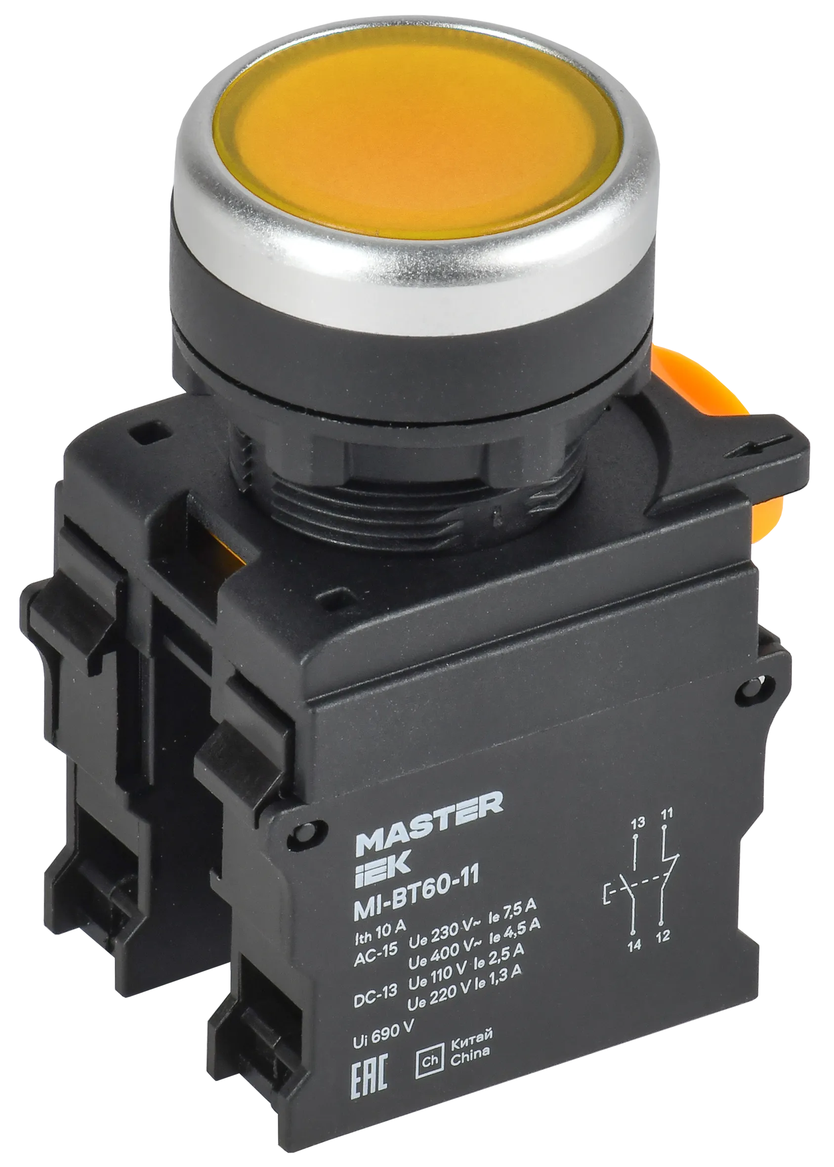Кнопка d=22мм 1NO+1NC жёлтая MASTER IEK