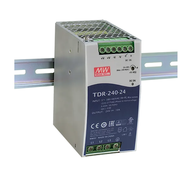 Блок питания AC-DC, 240Вт, ККМ, 3-х фазный, вход 340-550В AC, 47-63,480-780В DC, выход 24В,10A, рег. вых 24-28В, в кожухе на DIN-рейку