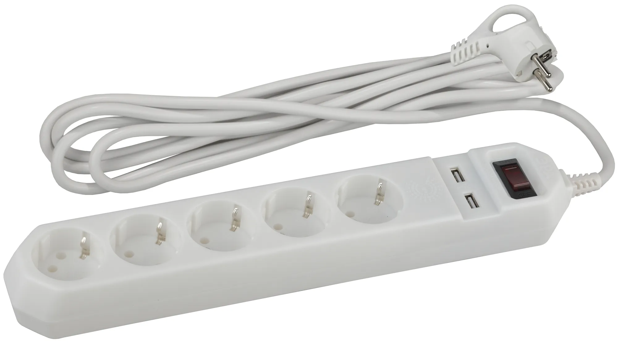 Фильтр сетевой 5х1,5м 2хUSB 10А с/з с выключателем белый