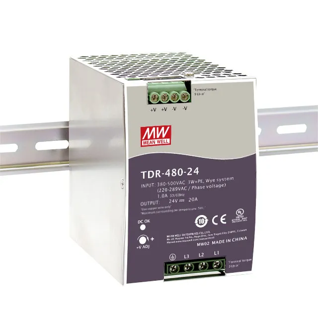 Блок питания AC-DC, 480Вт, ККМ, 3-х фазный, вход 340-550В AC, 47-63,480-780В DC, выход 24В,20A, рег. вых 24-28В, в кожухе на DIN-рейку