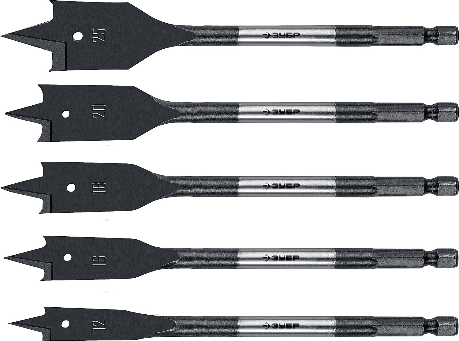 Набор сверл перовых по дереву, хвостовик HEX 1/4'' 5 шт, 12-16-18-20-25мм