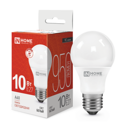 Лампа светодиодная LED-A60-VC 10Вт 230В Е27 4000К 950Лм IN HOME