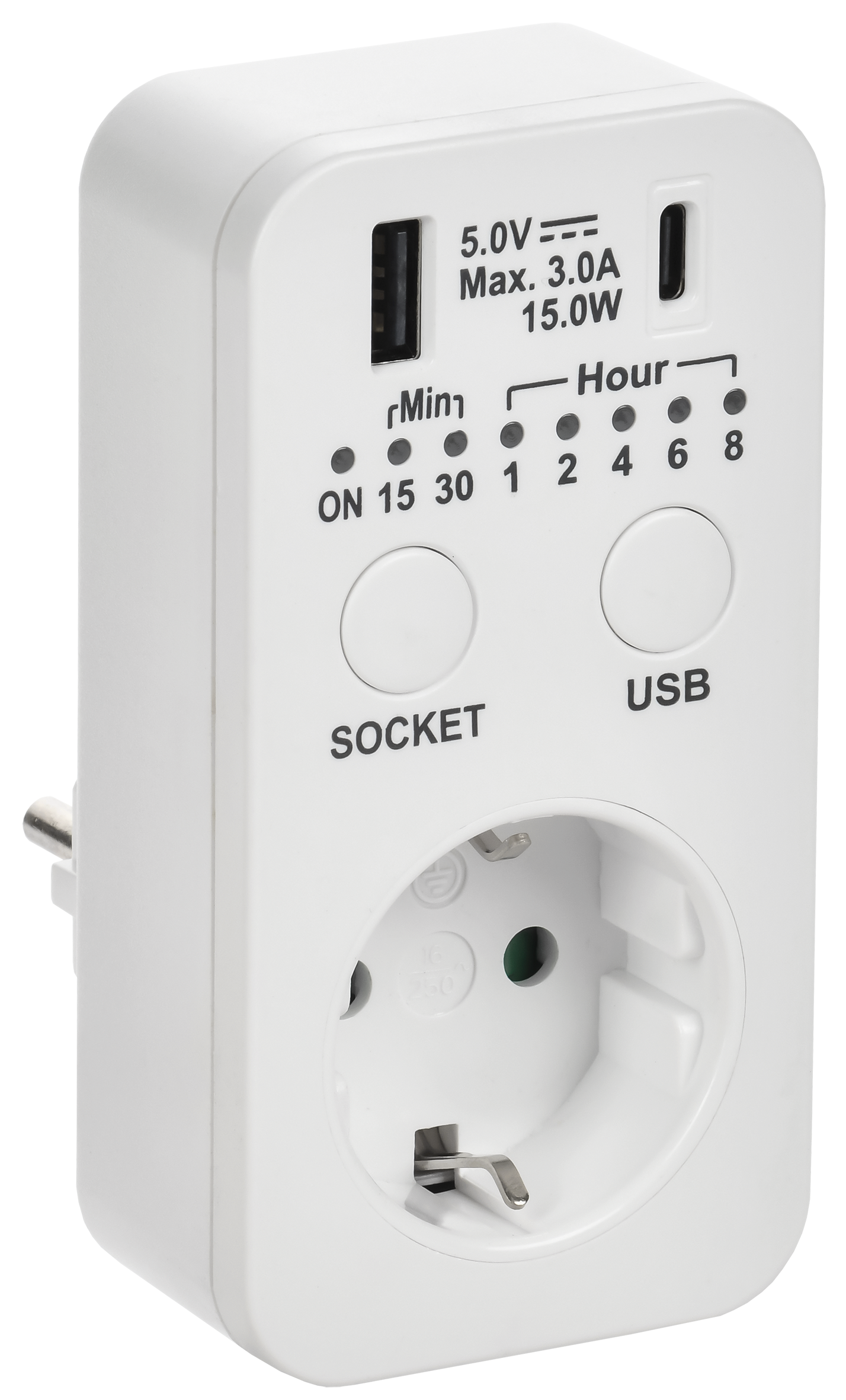 РТЭ-4 Розетка-таймер электронный с USB A+C        15мин-8ч 16А IP20 белый IEK
