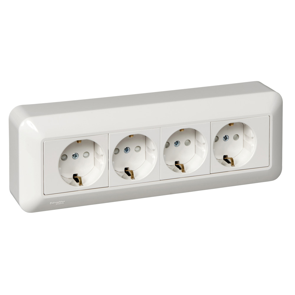 ПРИМА Розетка 4 поста наружная с заземлением 250В 16А со шторками белая монтажная пластина