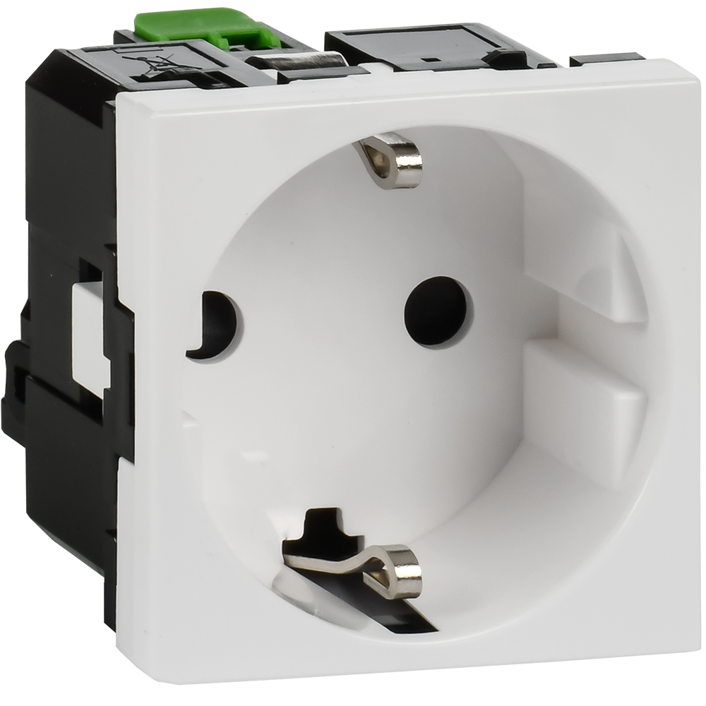 Розетка с заземлением  -  безвинтовые зажимы - со шторками 16А 250В - 90°- 2 модуля - белый