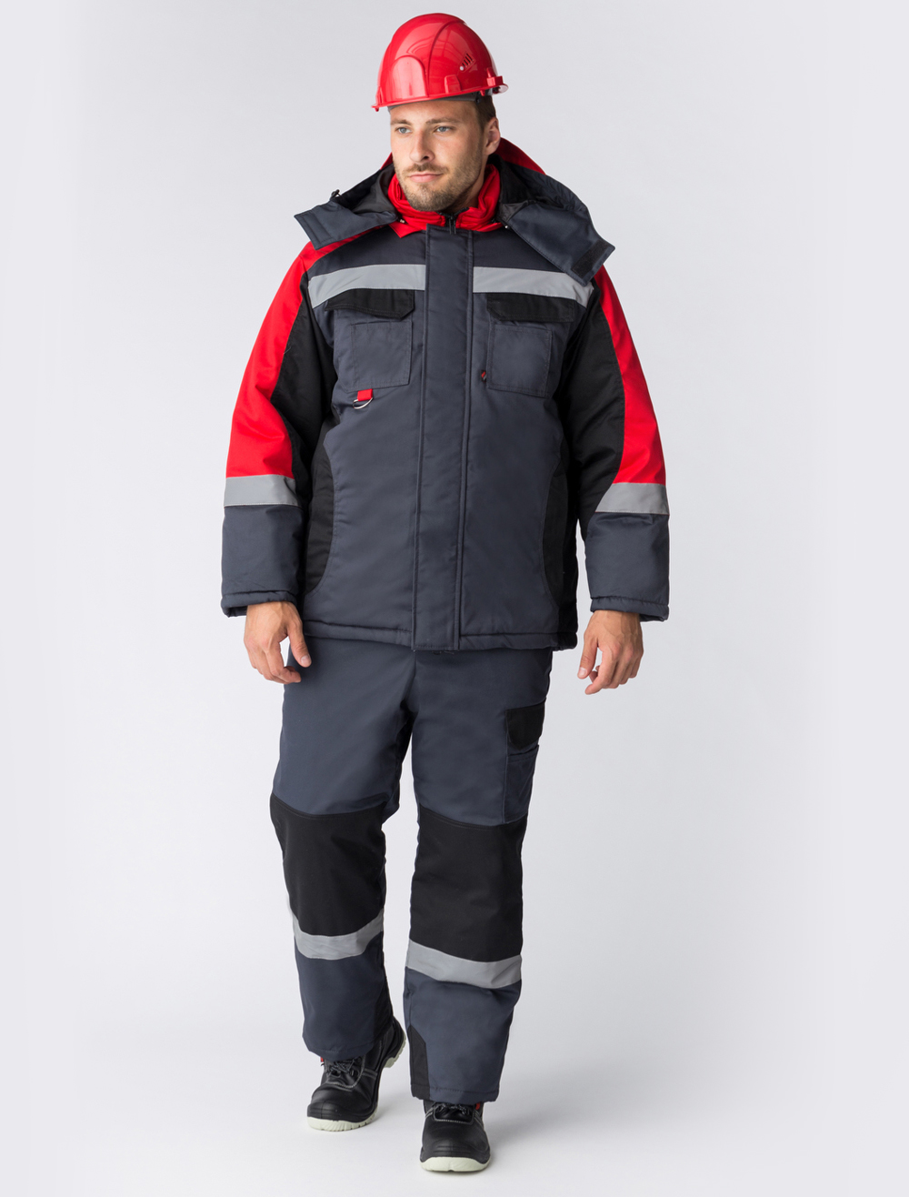 Костюм зимний Фаворит-Мега (ткань Протек,240) полукомбинезон, черный красный серый, 44-46 170-176