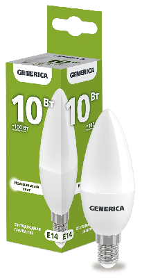 Лампа светодиодная C35 свеча 10Вт 230В 4000К E14 GENERICA