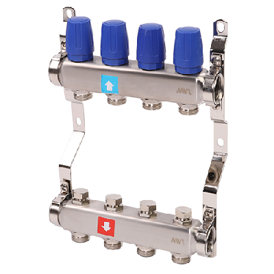 Коллекторная группа с ручными регулировочными клапанами 1' х 4 выхода 3/4' НР евроконус