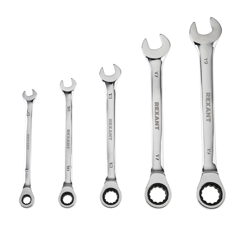 Набор ключей комбинированных трещоточных (8, 10, 13, 17, 19 мм), (упак - 5 шт.), CrV, REXANT