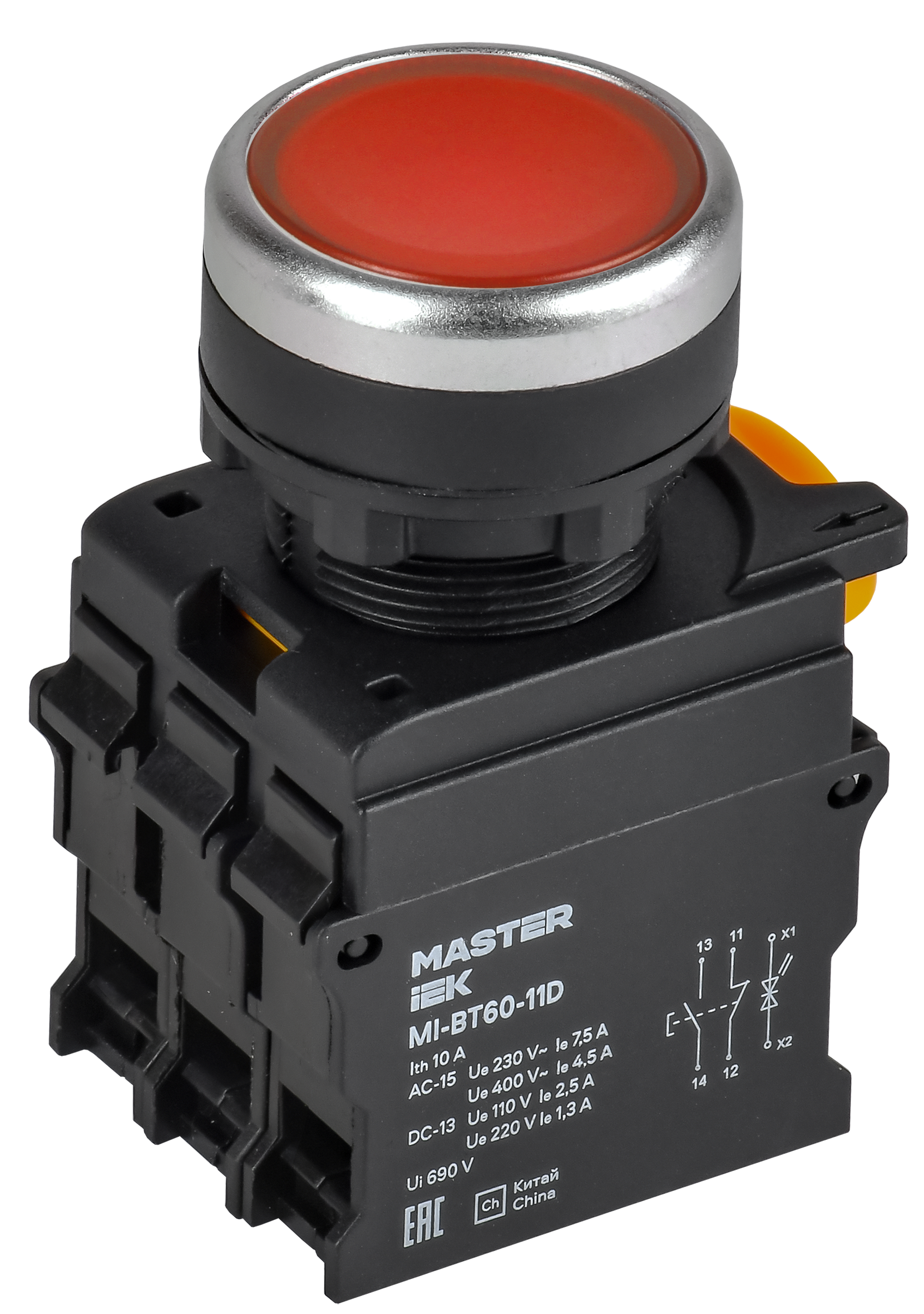 Кнопка с подсветкой d=22мм 1NO+1NC красная MASTER IEK