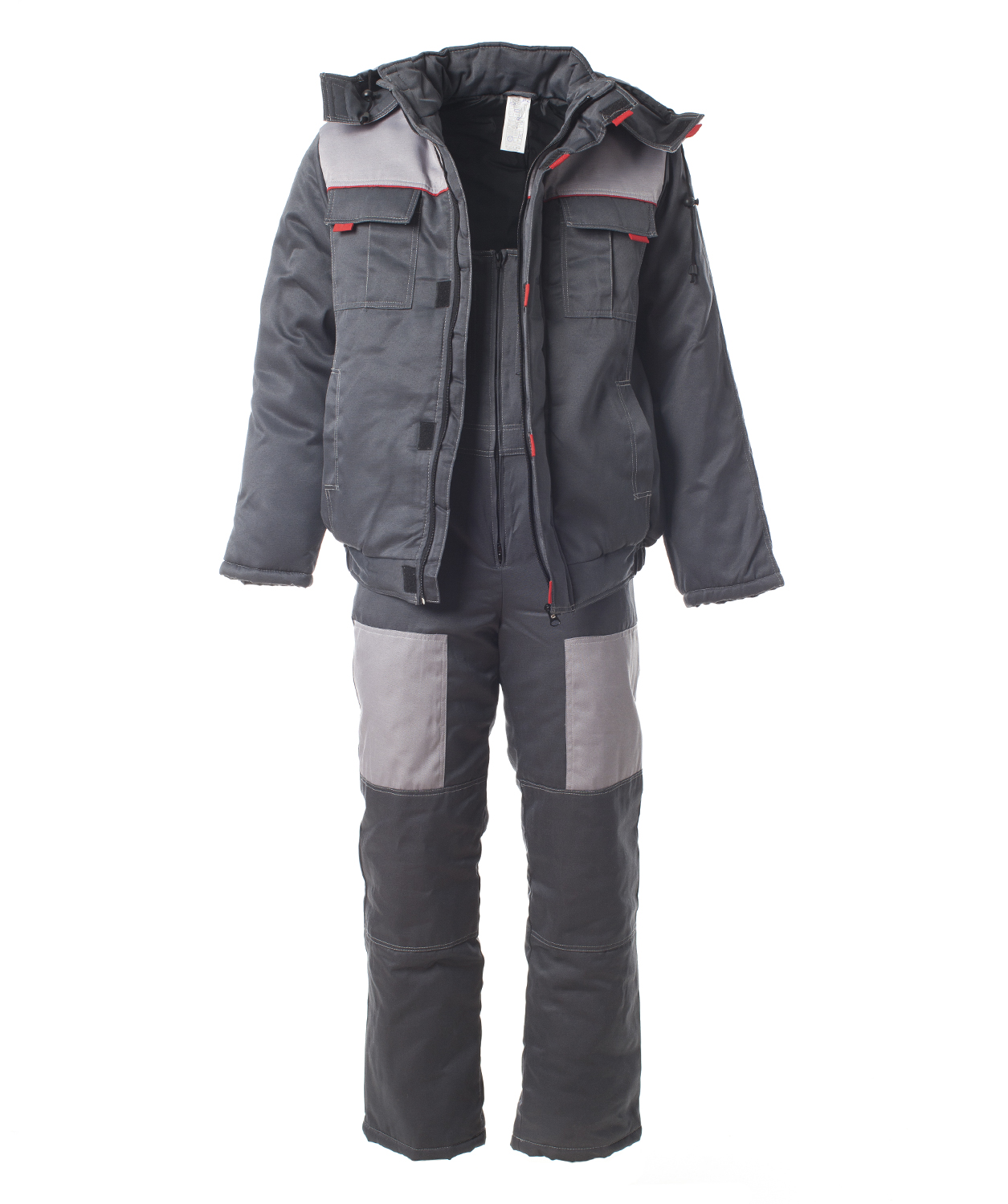 Костюм утеплённый мужской ФАВОРИТ-2 куртка, полукомбинезон тк. ТВИЛ цв. темно-серый, светло-серый, красный 52-54/170-176