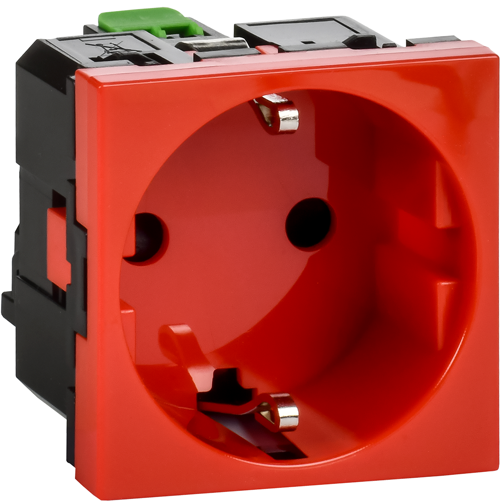 Розетка с заземлением  -  безвинтовые зажимы - со шторками 16А 250В - 90°- 2 модуля - красный