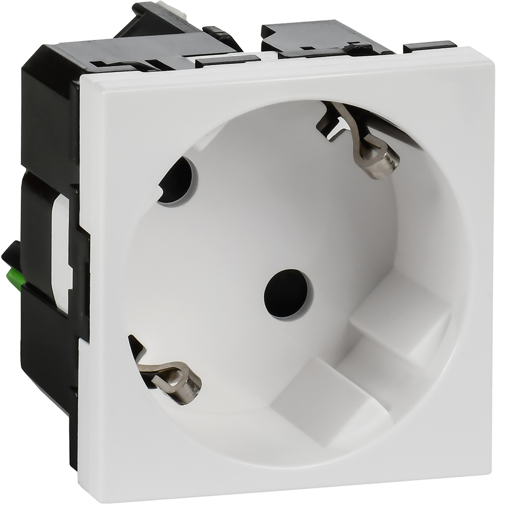Розетка с заземлением  -  безвинтовые зажимы - со шторками 16А 250В - 45°- 2 модуля - белый