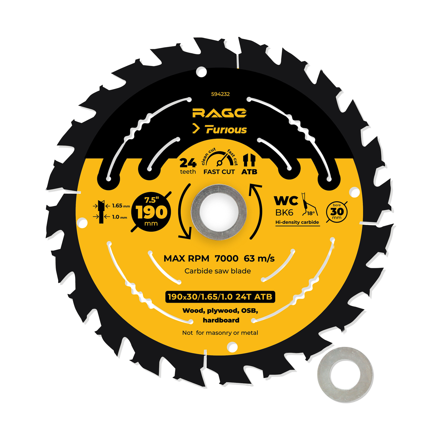 Диск пильный быстрый 190 мм 24 зуба посадка 30 мм + кольцо 20/16 мм