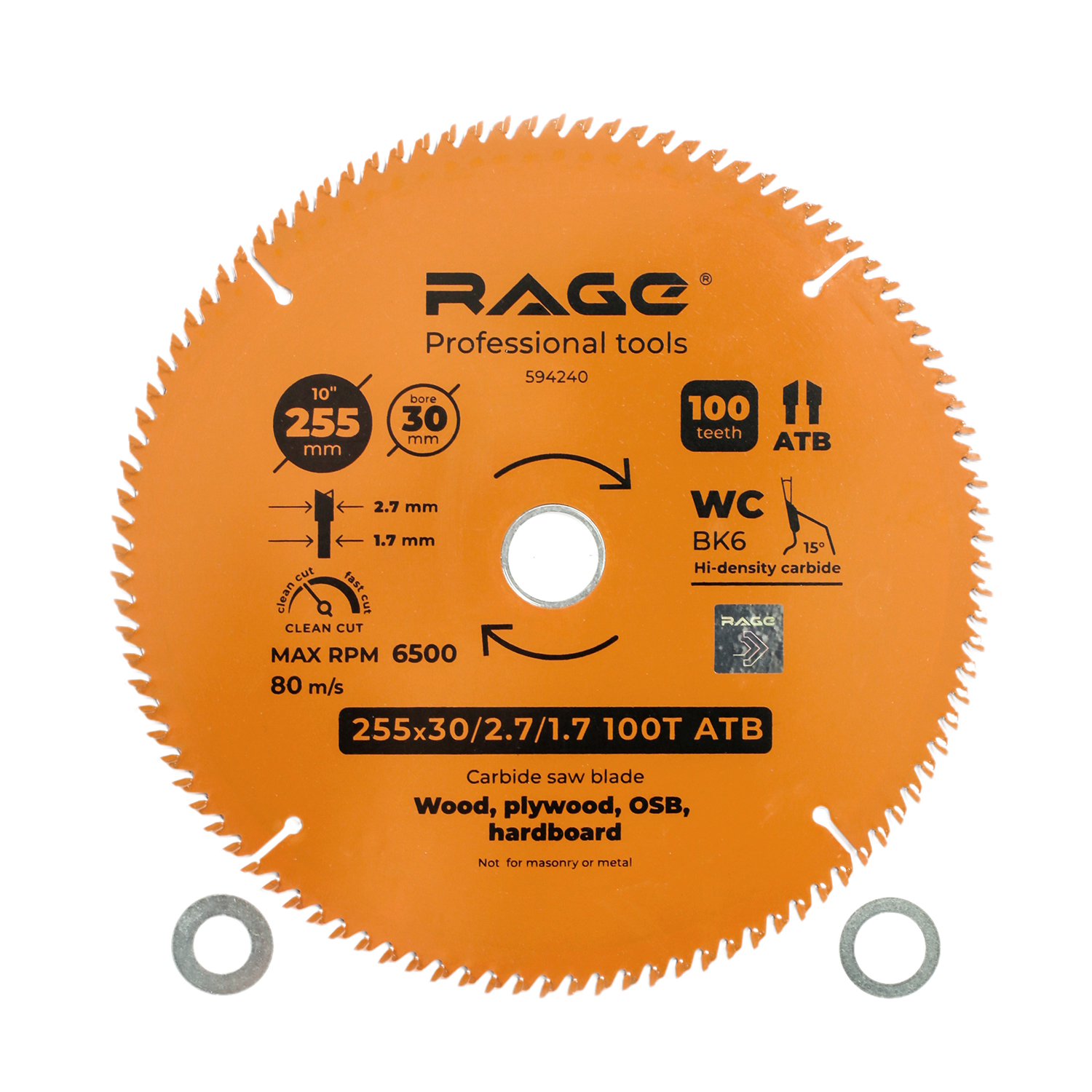 Диск пильный чистый 255 мм 100 зубьев посадка 30 мм + кольцо 25.4 мм 20 мм 16 мм