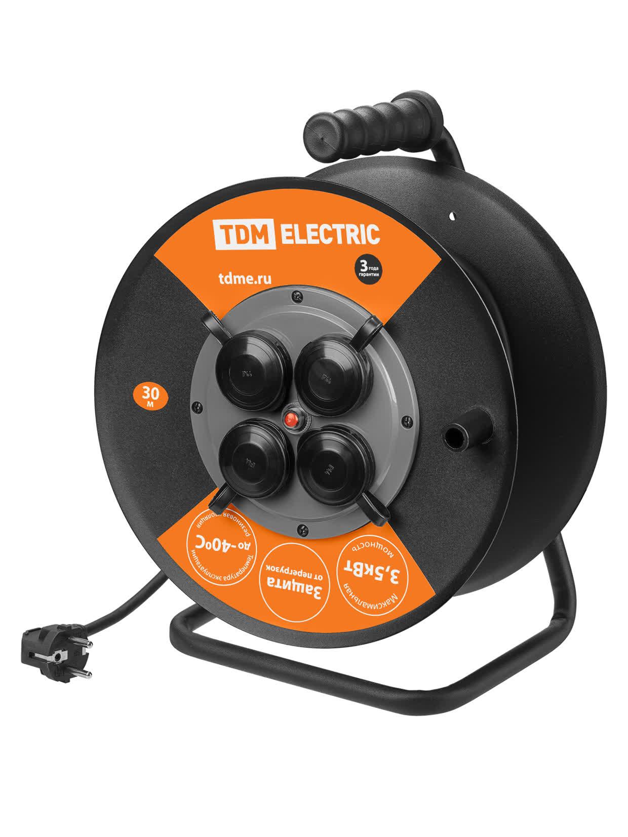 Удлинитель силовой УХз16-004 TDM (метал. катушка А3 4 места IP44/30м КГ 3х25)