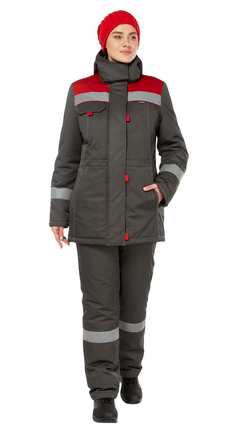 Костюм женский утепленный Тимбер с бр. цв. т.серый-красный, р. 112-116/170-176