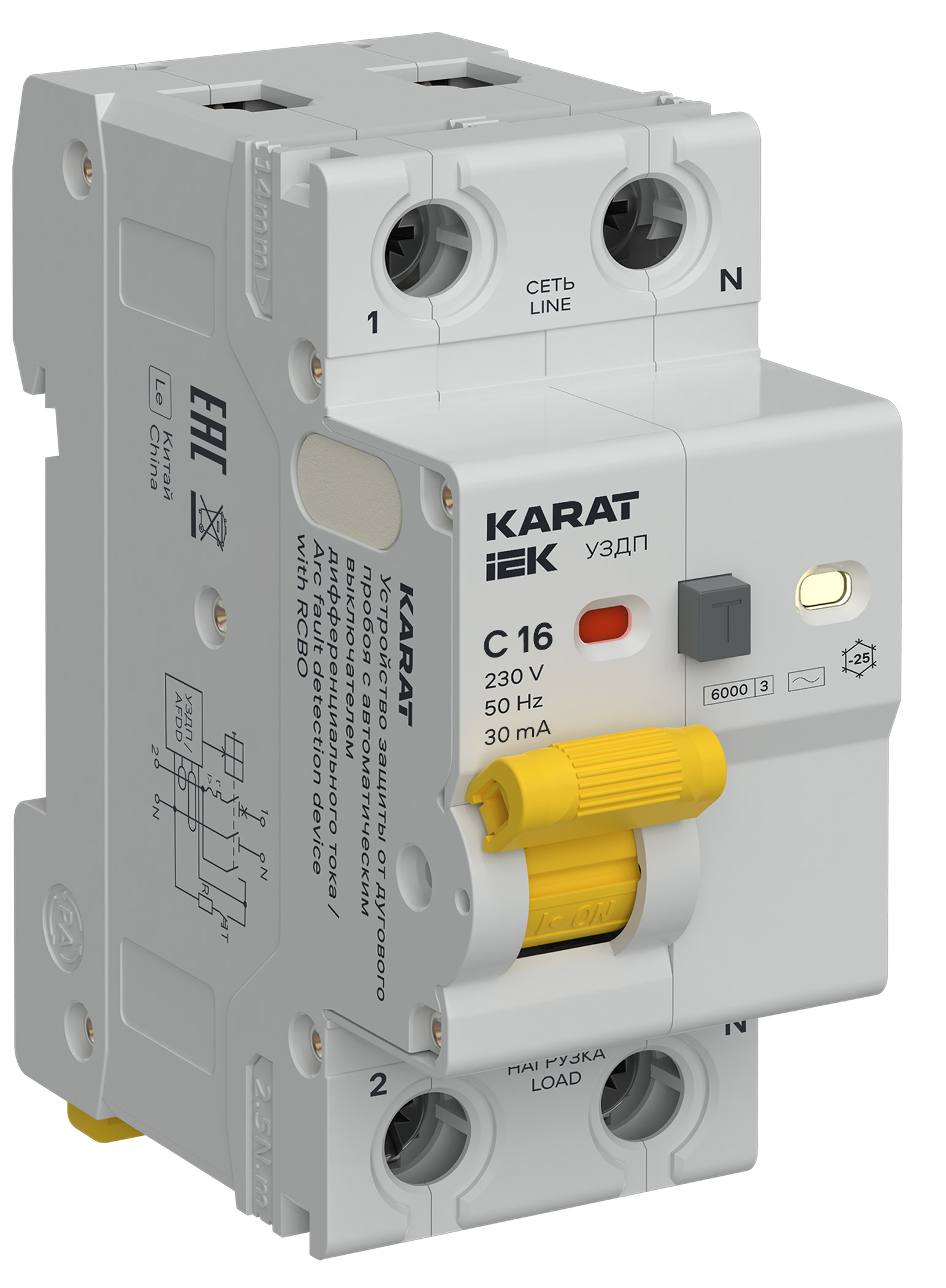 KARAT Устройство защиты от дугового пробоя с выключателем автоматическим дифференциального тока 1P+N C 16А 30мА тип AC IEK
